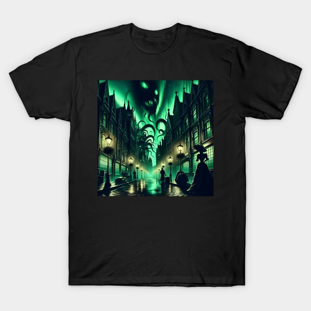 A Victorian city street where shadows turn into monstrous forms under a green sky T-Shirt by OddHouse